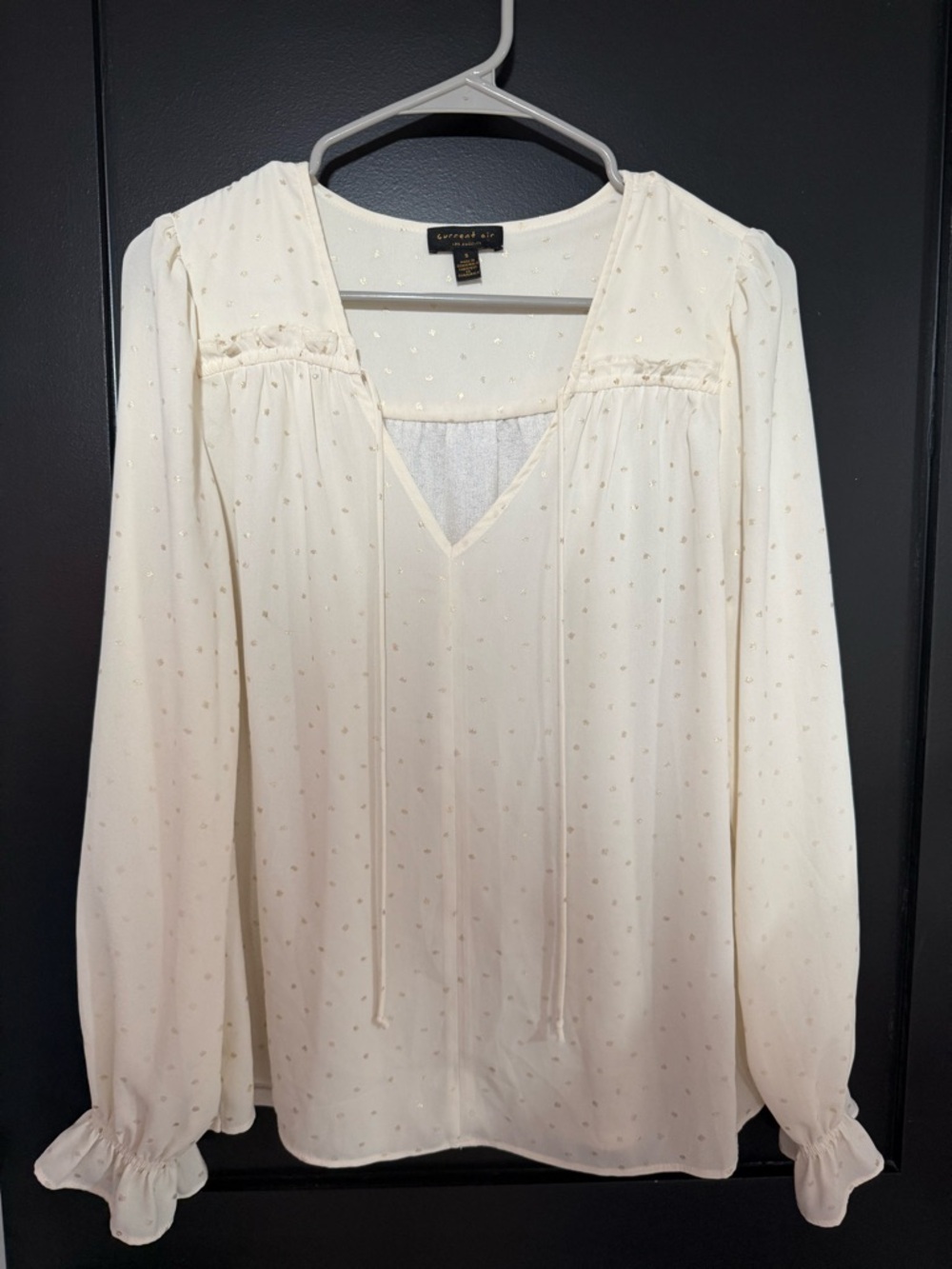 Anthropologie Cream Long-Sleeve V-Neck Women’s top with Subtle Dot Detail